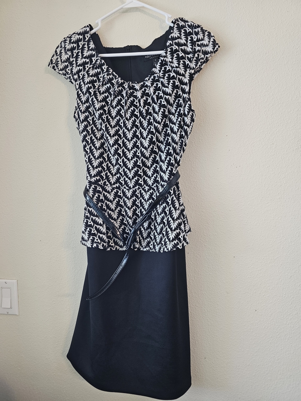connected apparel Black and White Midi Dress with Patterned Top